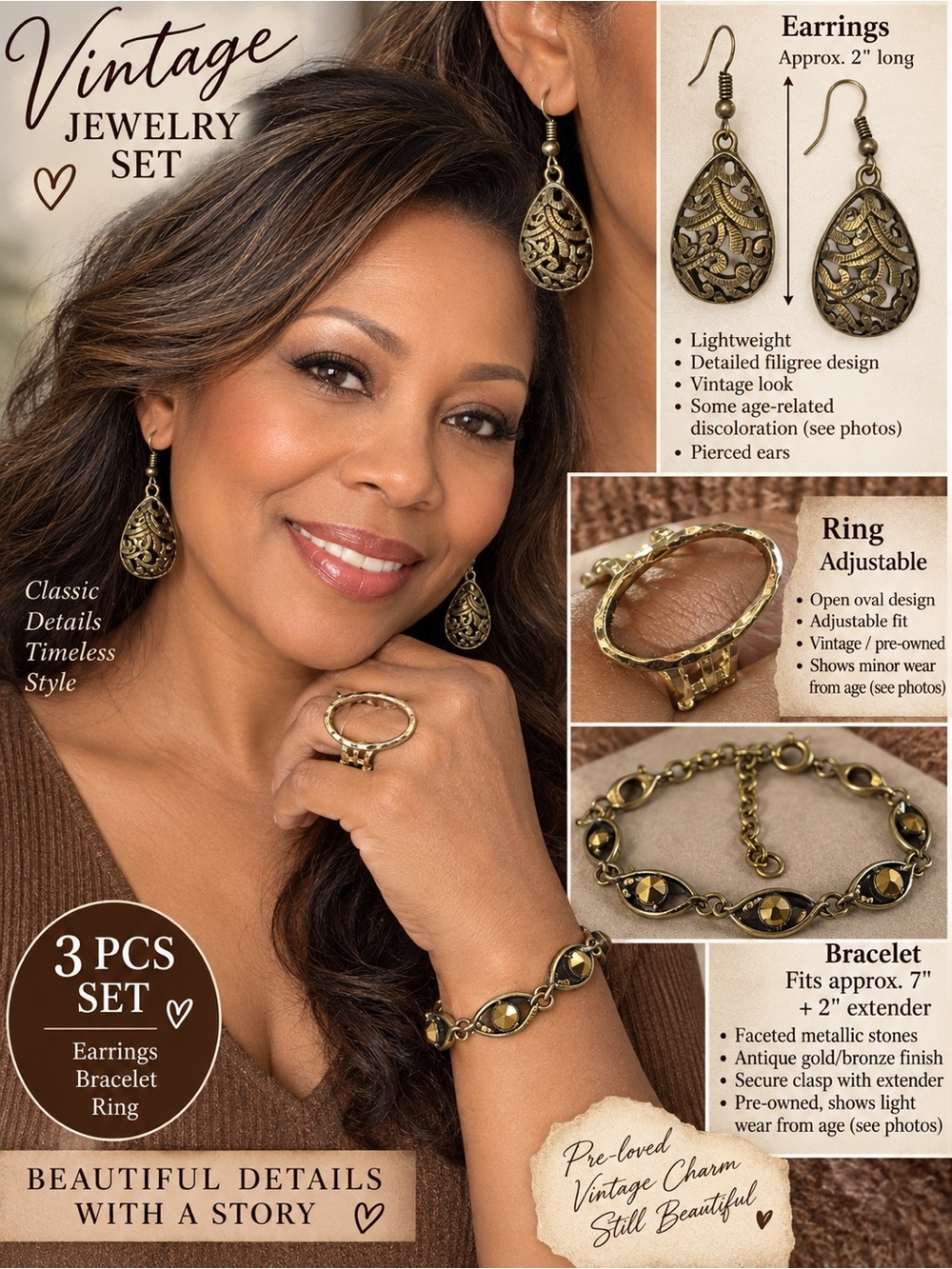 Vintage Gold-Tone Filigree Bracelet, Earrings & Ring Set